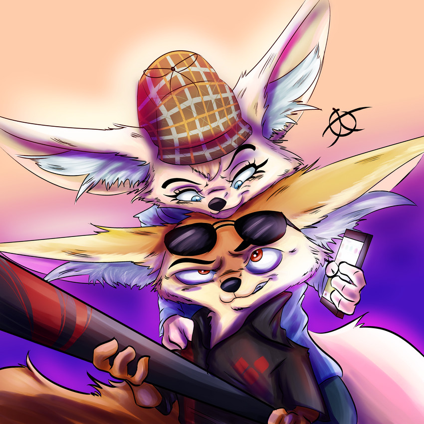 anthro baseball_bat bat_(object) brown_body brown_fur cellphone clothed clothing duo electronics eyewear fully_clothed fur hat headgear headwear holding_cellphone holding_object holding_phone inner_ear_fluff phone simple_background sunglasses tan_body tan_fur tuft jaff96 aggretsuko disney sanrio zootopia fenneko finnick_(zootopia) canid canine fennec_fox fox mammal true_fox 1:1 2020 absurd_res crossover hi_res