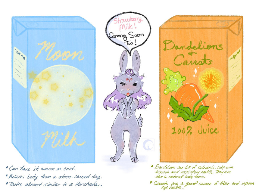 anthro beverage beverage_carton carrot_juice carton container female feral flavored_milk juice_(beverage) juice_carton milk milk_carton milk_container solo text gekko_usagi moonbunny succubun lagomorph leporid mammal rabbit venus_(disambiguation) 4:3 english_text hi_res