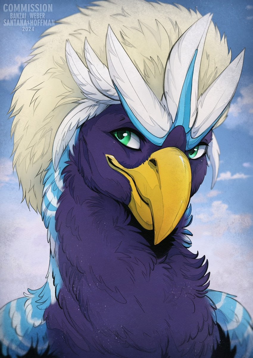 ambiguous_gender anthro beak blue_body blue_feathers blue_sky cloud feathers front_view glistening glistening_eyes green_eyes looking_aside mouth_closed purple_body purple_feathers sky solo white_body white_feathers yellow_beak santanahoffman nintendo pokemon fan_character mike_(uhhhh_sure) avian braviary generation_5_pokemon pokemon_(species) bust_portrait hi_res portrait