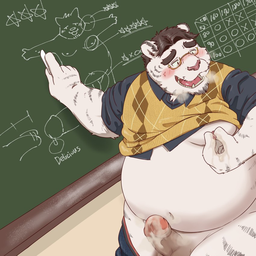 anthro balls belly blush bodily_fluids bottomwear bottomwear_down chalkboard classroom clothed clothing cum erection eyewear fur genital_fluids genitals glasses male masturbation moobs nipple_fetish nipple_pinch nipple_play overweight pants pants_down partially_clothed penis pinch school solo striped_body striped_fur stripes teacher white_body white_fur won7373kr felid mammal pantherine tiger absurd_res hi_res