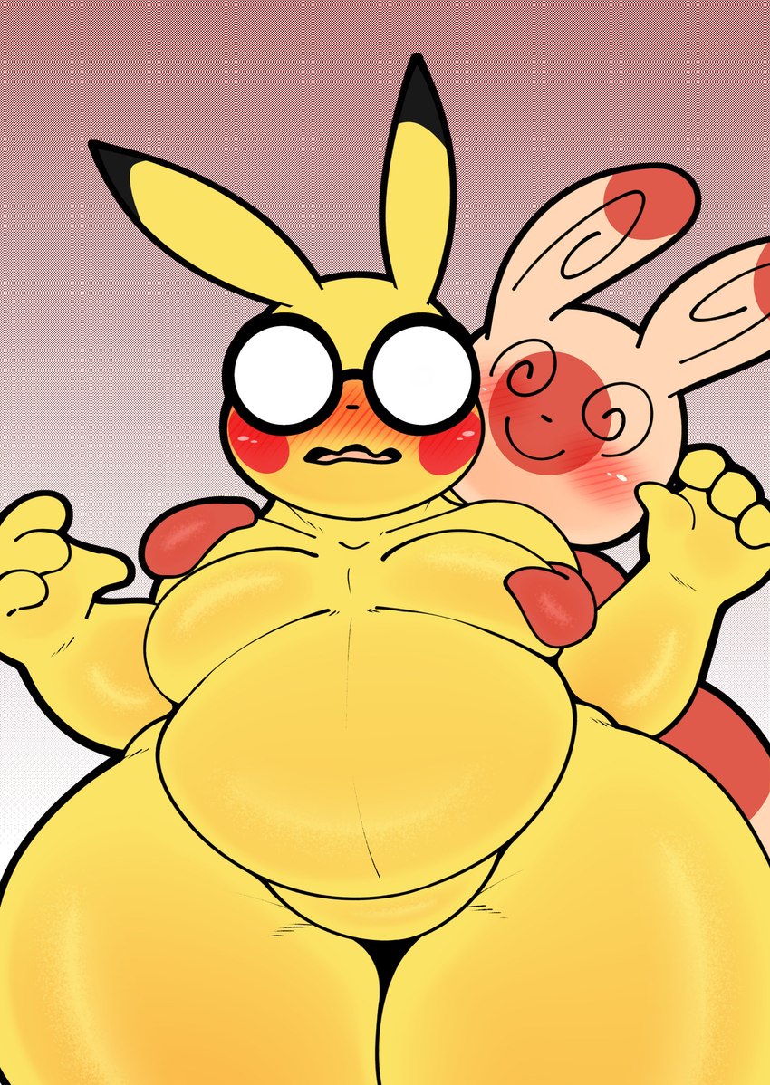 anthro blush eyewear glasses male moob_grab moobs overweight overweight_anthro overweight_male spiral_eyes thick_thighs softestpuffss nintendo pokemon pokemon_mystery_dungeon spike_chunsoft carmella_(softestpuffss) spinda_(softestpuffss) generation_1_pokemon generation_3_pokemon pikachu pokemon_(species) spinda 2024 absurd_res colored comic hi_res