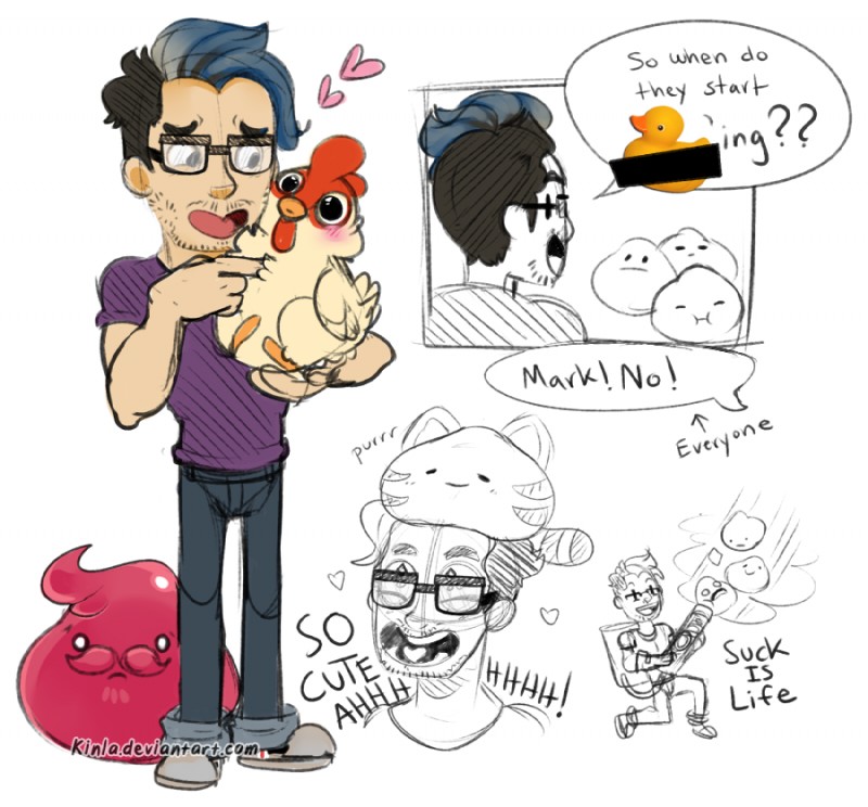 ambiguous_gender asking asking_another asking_when beak dialogue duo eyewear glasses group male question rubber_duck speech_bubble talking_to_another text why kinla real_world slime_rancher youtube markiplier avian bird chicken galliform gallus_(genus) hen_hen human mammal phasianid pink_slime_(slime_rancher) roostro slime_(slime_rancher) tabby_slime english_text multiple_images