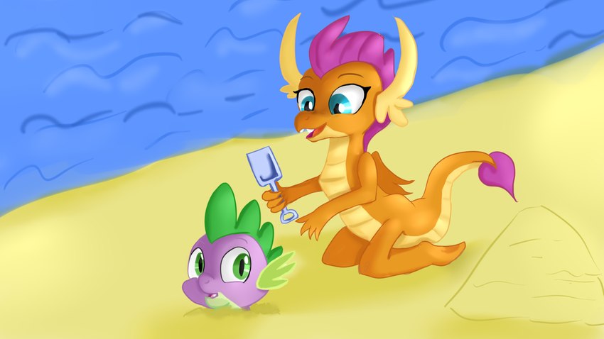 beach duo female male open_mouth sand sea seaside shovel tail tools water jbond friendship_is_magic hasbro my_little_pony mythology smolder_(mlp) spike_(mlp) dragon mythological_creature mythological_scalie scalie 16:9 hi_res widescreen