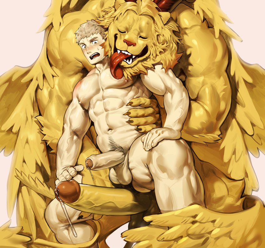 abs anthro balls big_muscles big_pecs big_penis blonde_hair blonde_mane blush bodily_fluids chest_lick duo erection eyes_closed feathered_wings feathers fur genital_fluids genitals hair holding_partner horn human_on_anthro humanoid_genitalia humanoid_penis interspecies larger_anthro larger_male licking male male/male mane muscular muscular_anthro muscular_human muscular_male navel nipples nude open_mouth pecs penis precum pubes sharp_teeth size_difference smaller_human smaller_male sweat teeth tongue tongue_out wings yellow_body yellow_fur art_uza delicious_in_dungeon laios_touden winged_lion_(delicious_in_dungeon) demon felid human lion mammal pantherine absurd_res hi_res