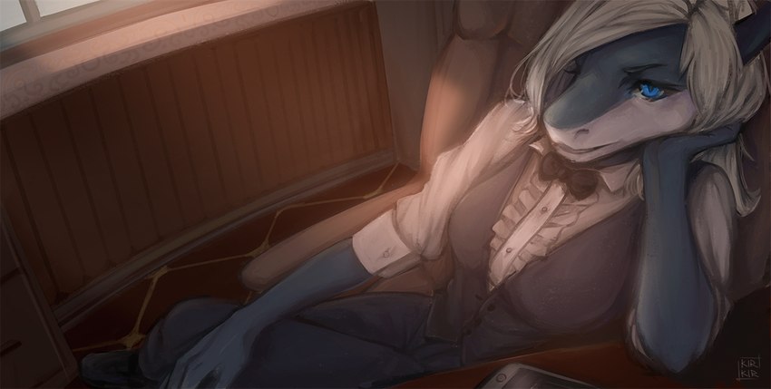 5_fingers anthro chair clothing desk dress electronics female fingers furniture hair inside light mafia phone sitting solo sunlight table white_hair window kirkir fish marine shark 2019 digital_drawing_(artwork) digital_media_(artwork) signature