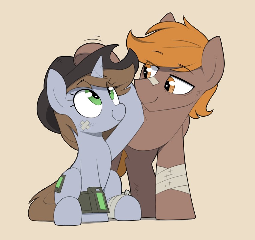 bandage clothing cowboy_hat duo female feral hat headgear headwear horn male pip-boy simple_background wings wrist_computer shinodage fallout fallout_equestria hasbro microsoft my_little_pony mythology calamity_(fallout_equestria) fan_character littlepip equid equine mammal mythological_creature mythological_equine pegasus unicorn 2021 hi_res