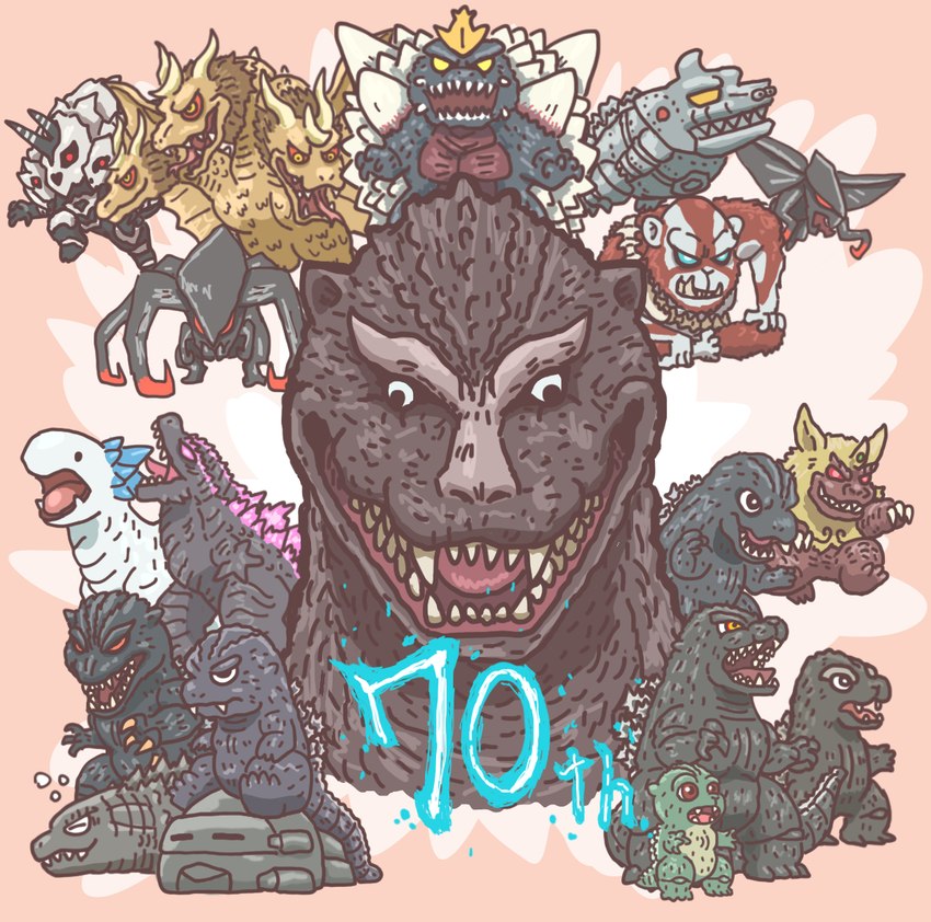 ambiguous_gender black_body chibi dorsal_fin feral fin green_body grey_body horn machine male open_mouth sharp_teeth teeth utsuchi_san godzilla_(series) toho godzilla godzilla_(2014) king_ghidorah mechagodzilla shimo_(kaiju) spacegodzilla kaiju monster muto_(godzilla) robot 2024 hi_res