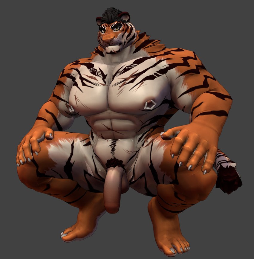 abs anthro balls big_muscles crouching flaccid foreskin fur genitals grey_background humanoid_genitalia humanoid_penis male muscular muscular_anthro muscular_male nipple_piercing nipples nude orange_body orange_fur pecs penis piercing pubes simple_background solo striped_body striped_fur stripes unretracted_foreskin oaks16 felid mammal pantherine tiger 3d_(artwork) digital_media_(artwork) hi_res