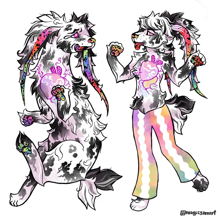 ambiguous_gender anthro bodily_fluids bottomwear clothed clothed_anthro clothing feral floating fur heart_(marking) markings multi_tail multicolored_body multicolored_bottomwear multicolored_clothing multicolored_fur multicolored_pawpads pants paw_pose pawpads pose rainbow_bottomwear rainbow_clothing rainbow_inner_ear rainbow_nose rainbow_pants rainbow_pawpads solo spots spotted_inner_ear spotted_nose spotted_pawpads spotted_tongue standing tail tears tongue topless topless_anthro sam_kipperman canid canine canis domestic_dog mammal 2024 absurd_res digital_drawing_(artwork) digital_media_(artwork) hi_res multiple_images