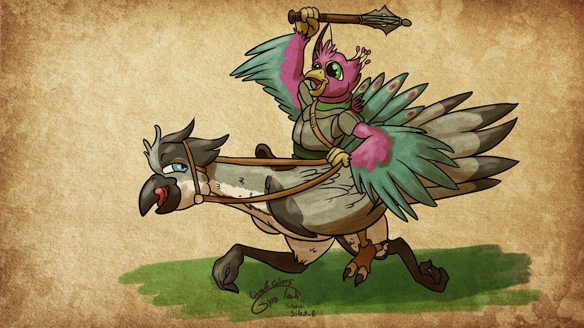 anthro armor avian_feet beak beak_lick biped blue_body blue_eyes bridle clothing duo feathered_crest feathered_wings feathers feral green_eyes grey_body head_crest licking looking_back mace male melee_weapon mount pink_body reins riding saddle scarf tail tail_feathers tongue tongue_out weapon white_body winged_arms wings gyrotech silent_e final_fantasy square_enix ardeas gyro_feather avian bird chocobo galliform peafowl phasianid 16:9 hi_res widescreen