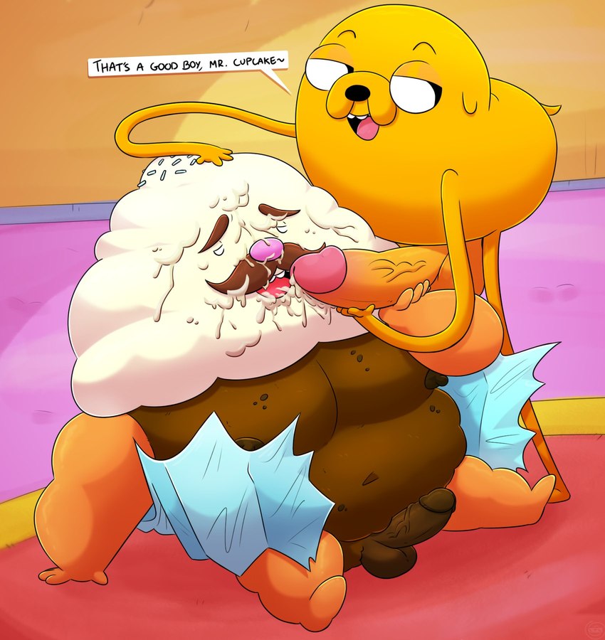 anthro balls bodily_fluids cum cum_on_face duo food genital_fluids genitals good_boy humanoid_genitalia humanoid_penis male male/male penis text leothelionel adventure_time cartoon_network jake_the_dog mr._cupcake canid canine canis domestic_dog food_creature mammal english_text hi_res