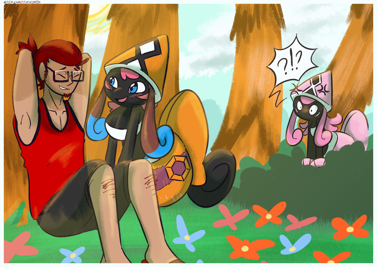 being_watched black_body blue_eyes cross-popping_vein eyewear female glasses group hair interrobang looking_at_another male orange_shell palm_tree pink_hair pink_shell plant shell tree trio screamoshaymin nintendo pokemon auria_jansson blake_rothenberg generation_7_pokemon human legendary_pokemon mammal pokemon_(species) tapu_lele hi_res signature