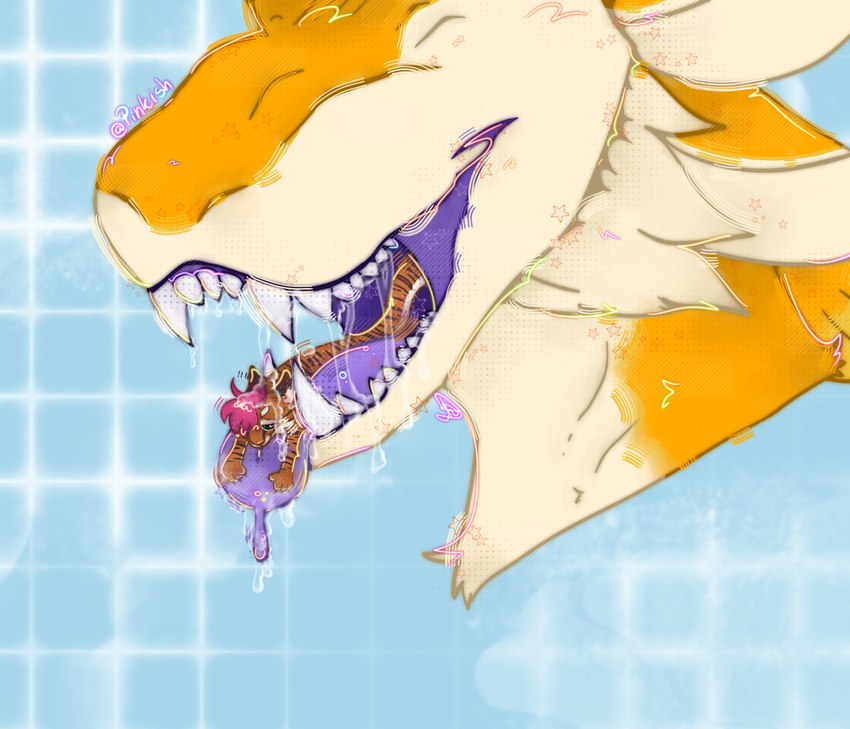 4_ears anthro blue_background duo fangs feathers imminent_vore larger_anthro larger_male male male_anthro multi_ear open_mouth orange_body orange_ears orange_feathers purple_insides purple_mouth purple_tongue simple_background size_difference smaller_anthro smaller_male teeth tongue white_body white_fangs white_feathers white_inner_ear pinkish_(laboratory_system) mini_(miniminmins) ravashi_(dynnie) avali avian felid leopard mammal pantherine 2024 absurd_res hi_res signature male_(lore)