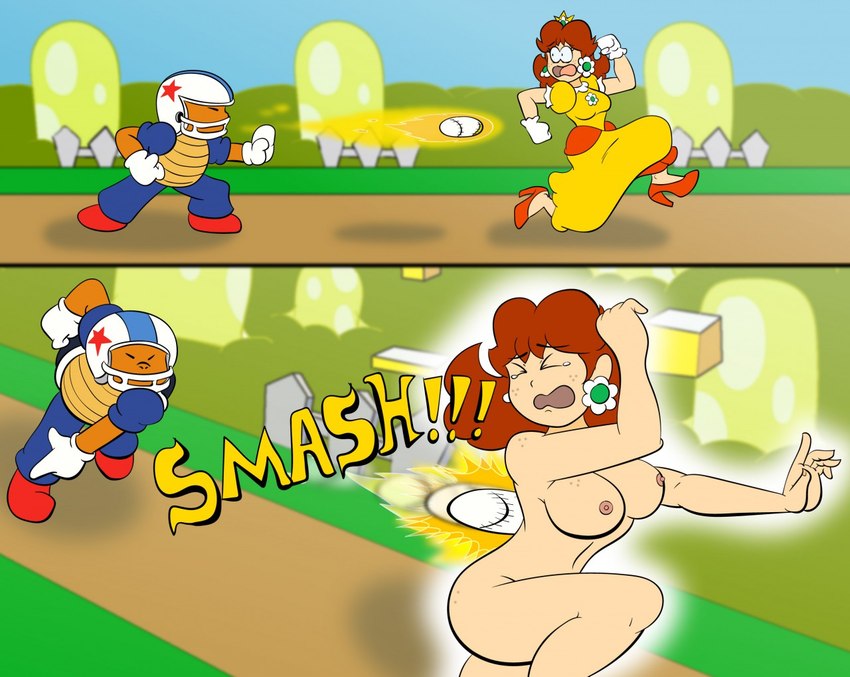 ball baseball_(ball) breasts charging_up clothed clothed/nude clothed_male clothing duo female hitting male male/female nude vanishing_clothes decendingskulls supergon55 mario_bros nintendo princess_daisy chargin'_chuck human koopa mammal scalie