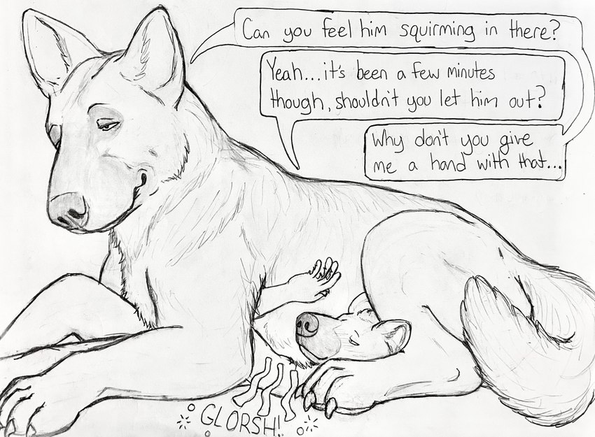 ambiguous_gender anthro belly_rub dialogue feral feral_pred group larger_feral listening_to_belly lying offscreen_character rumbling_stomach sitting_on_another size_difference smaller_anthro talking_feral text trio vore hgythshs canid canine canis domestic_dog hyena mammal english_text hi_res