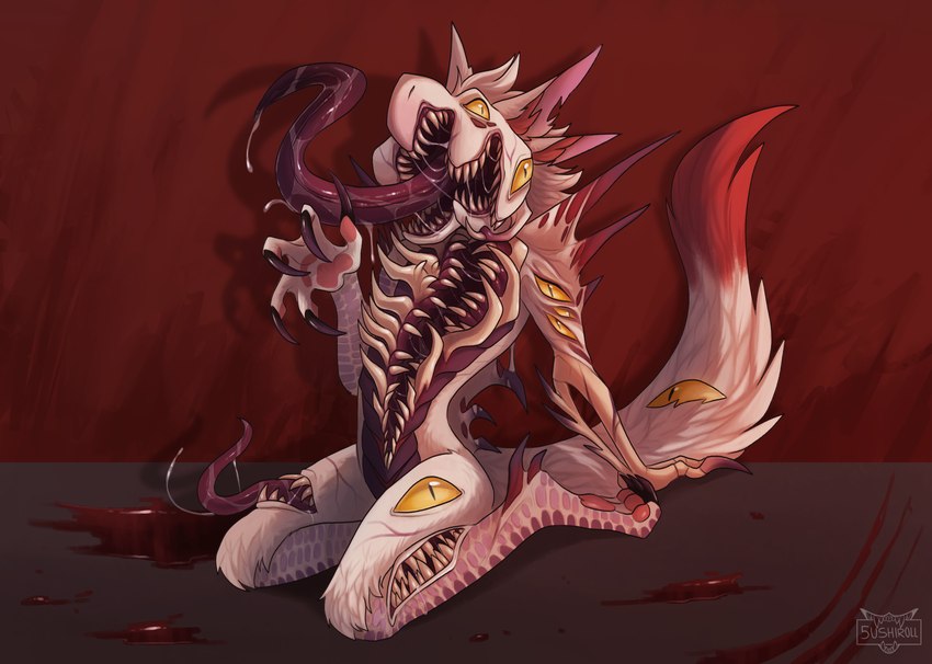 4_ears ambiguous_gender anthro anthrofied arm_support blood blood_trail bodily_fluids body_horror bone chest_mouth claws curling_toes digitigrade dipstick_tail drooling exposed_bone feet fluffy fluffy_tail fur long_claws long_tongue looking_at_viewer markings multi_ear multi_eye multi_mouth nightmare_fuel nude open_mouth pawpads petal_maw pink_pawpads pupils red_background saliva scales sharp_teeth simple_background slit_pupils solo tail tail_markings teeth tongue tongue_out where_is_your_god_now white_body white_fur yellow_sclera 5ushiroll managarmr_(xenogearcross) hybrid monster 2022 full-length_portrait hi_res portrait