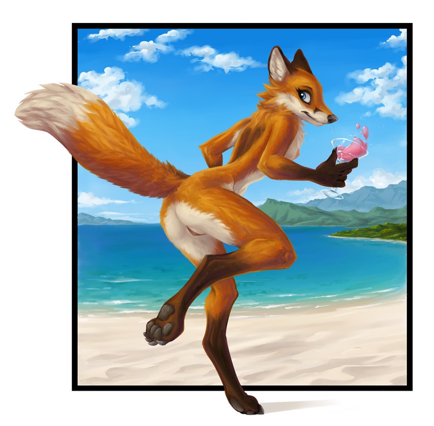 alcohol anthro beach beverage blue_eyes claws container cup dipstick_tail drinking_glass female fur genitals glass glass_container glass_cup looking_back markings mountain nipples outside paws pussy rear_view running seaside solo tail tail_markings brian_edwards niffad raina_(brian_edwards) canid canine fox mammal red_fox true_fox