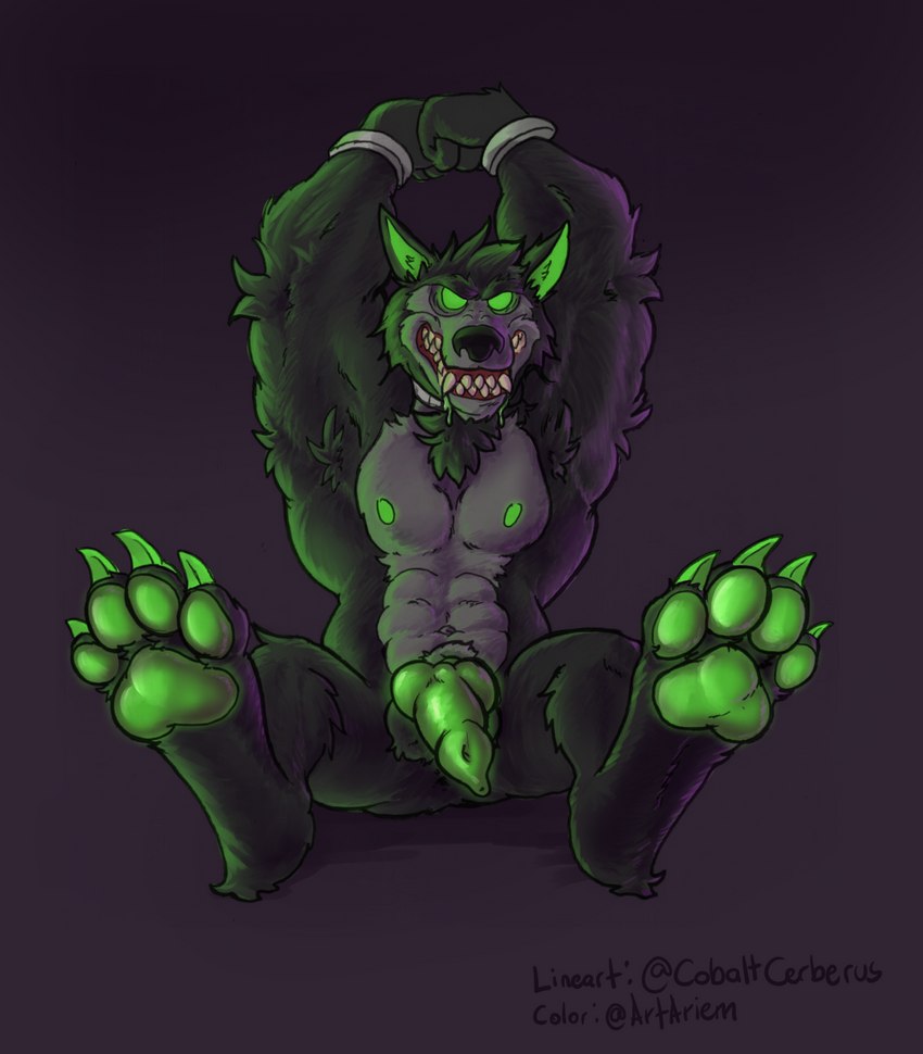 abs angry animal_genitalia animal_penis anthro armpit_hair arms_above_head bodily_fluids body_hair canine_genitalia canine_penis chest_tuft collar drooling erection genitals glowing glowing_genitalia green_ears green_eyes green_pawpads green_penis grey_body knot male muscular nipples pawpads paws pecs penis raised_arm saliva showing_teeth sitting solo tuft artariem cobaltcerberus danny_phantom nickelodeon wulf_(danny_phantom) canid canine canis ghost mammal spirit wolf 2021 artist_collaboration digital_drawing_(artwork) digital_media_(artwork) full-length_portrait hi_res portrait signature