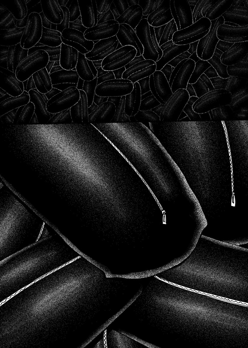 body_bag body_pile corpse dark death mass_grave morbid pile text what zero_pictured zipper bringeall absurd_res english_text hi_res monochrome