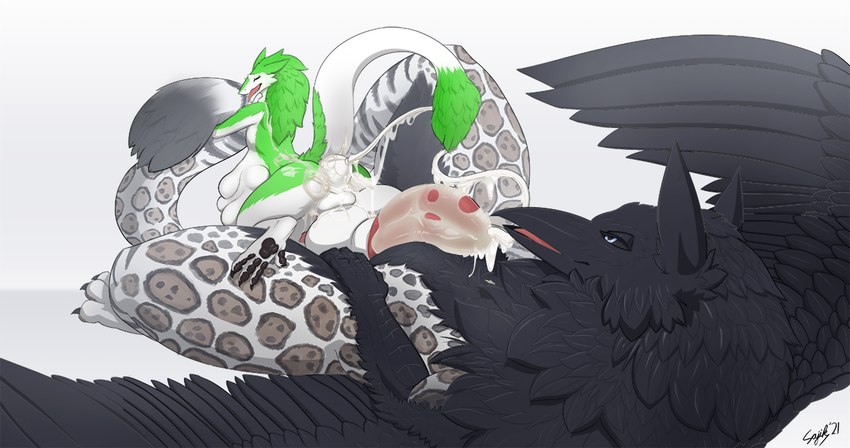 bodily_fluids cum feral genital_fluids giant_sperm hyper male on_bottom on_top reverse_cowgirl_position sex size_difference size_play tail sajik mythology faunoiphilia nul avian gryphon mythological_avian mythological_creature sergal 256:135