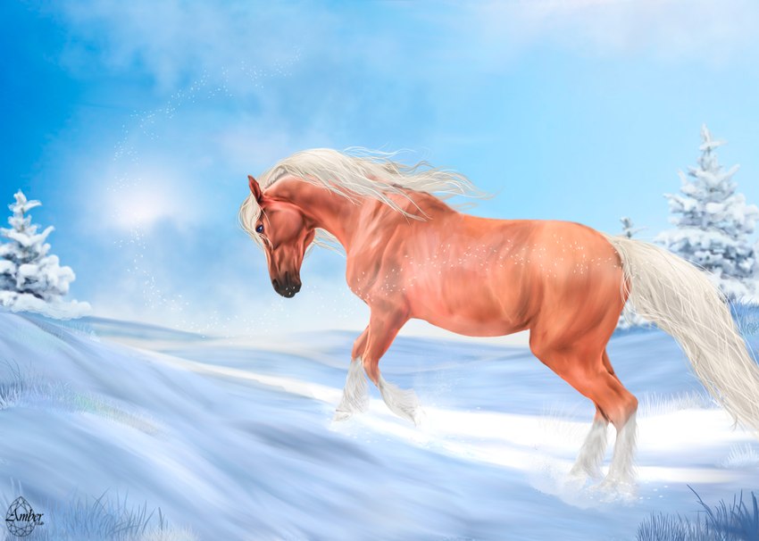 ambiguous_gender blue_eyes feral light plant sky skyscape snow snow_on_trees solo sun sunlight tree wind amber18db maxym_(bloopertrooper) dolehest equid equine horse mammal male_(lore)