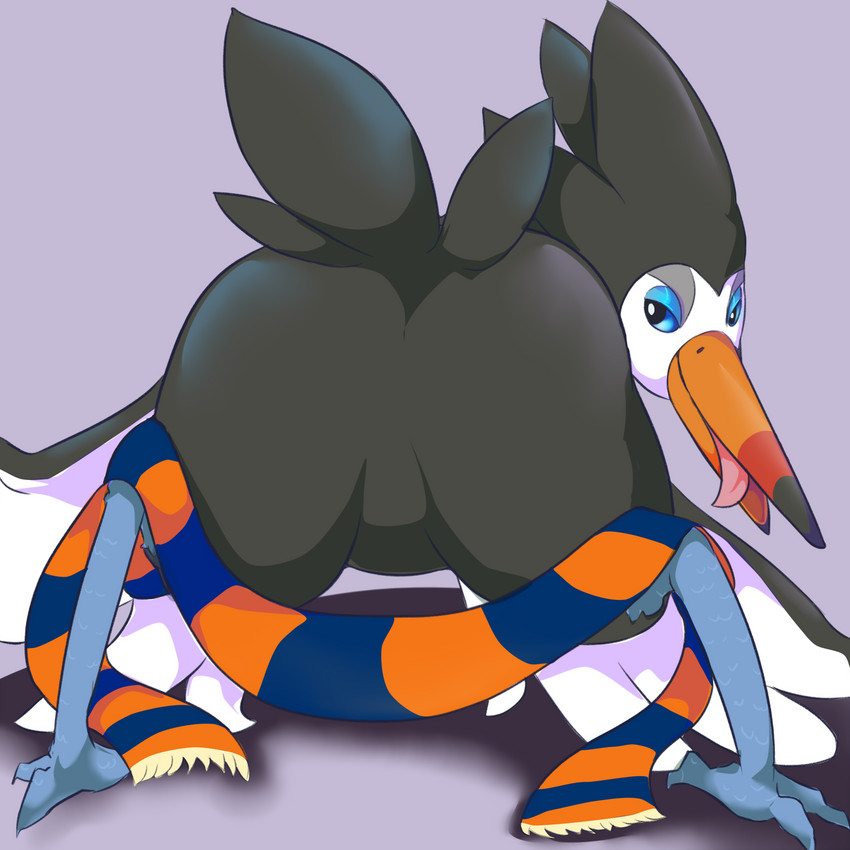 ambiguous_gender beak big_butt butt feral half-closed_eyes looking_back narrowed_eyes presenting scarf smile solo tongue wings moebious nintendo pokemon avian bird generation_7_pokemon pokemon_(species) trumbeak 1:1 hi_res