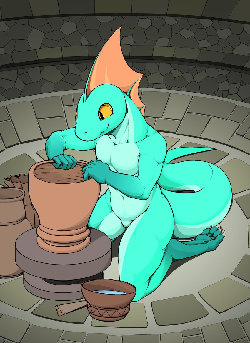 accessory anthro blue_body blue_scales clay featureless_crotch feet fin happy head_fin kneeling male navel nude pottery scales smile solo tail water yellow_eyes komolord warhammer_(franchise) warhammer_fantasy lizardman lizardman_(warhammer) scalie skink_(warhammer_fantasy) absurd_res colored full-length_portrait hi_res portrait
