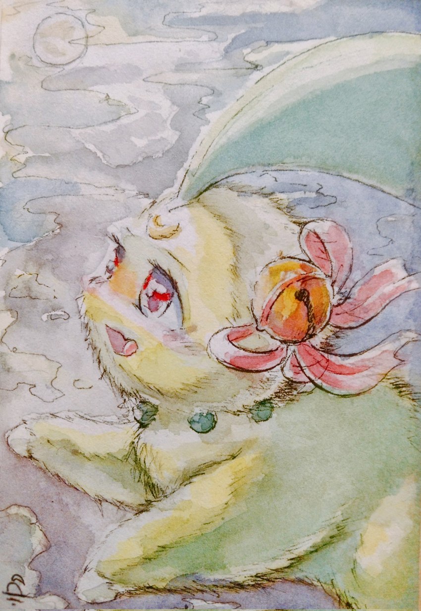 ambiguous_gender bell cloud feral fluffy fur happy moon ribbons sky solo strawbdragon nintendo pokemon chikorita generation_2_pokemon pokemon_(species) hi_res painting_(artwork) watercolor_(artwork)