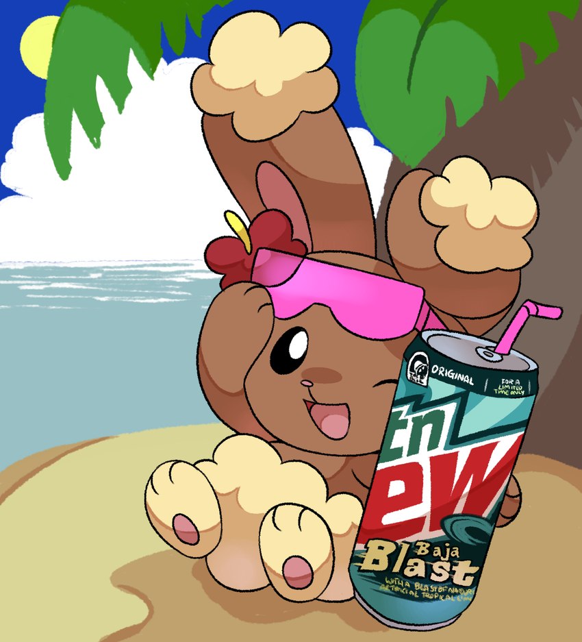 accessory ambiguous_gender beverage beverage_can cloud drinking_straw eyewear eyewear_on_head eyewear_only flower flower_accessory flower_in_hair hair hair_accessory horizon island looking_at_viewer nude one_eye_closed plant solo sun sunglasses sunglasses_on_head sunglasses_only water wink unknown_artist baja_blast mountain_dew nintendo pokemon taco_bell blastoise buneary generation_1_pokemon generation_4_pokemon lagomorph mammal pokemon_(species) hi_res