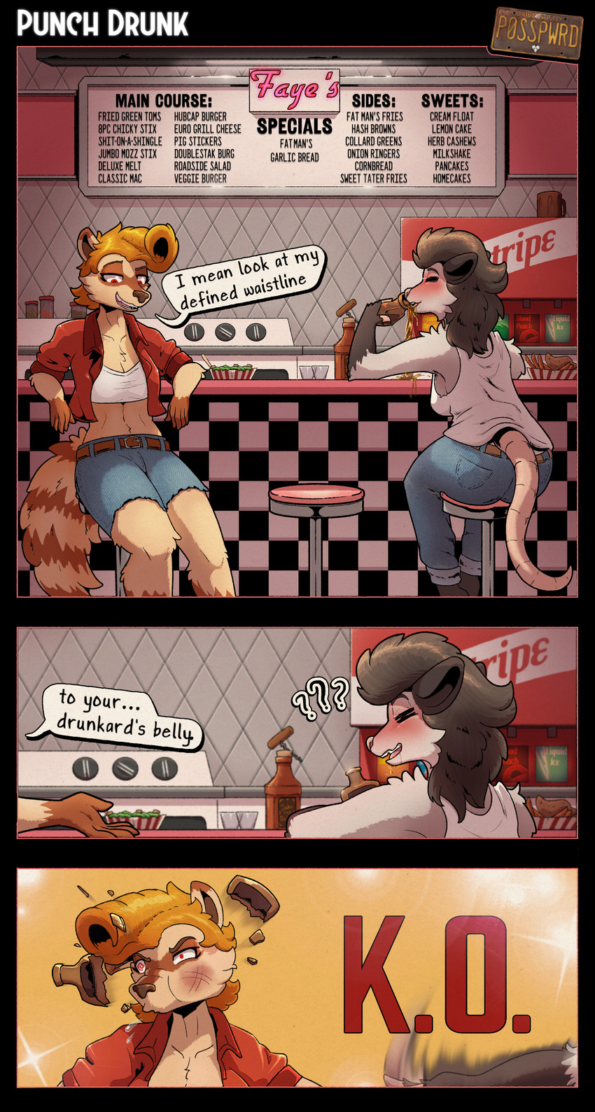 5_fingers alcohol angry anthro appliance arm_tuft attack bar_stool beer belt belt_buckle beverage big_butt black_body black_ears black_eyebrows black_eyes black_fur black_hair black_text blonde_hair blue_bottomwear blue_clothing blue_jeans blue_pants blush bodily_fluids bottle bottomwear breasts broken_bottle brown_belt brown_body brown_ear_tips brown_eyebrows brown_fur brown_inner_ear brown_nose brown_tail bruised bruised_face buckle butt cheek_tuft chest_tuft cleavage clothed clothed_anthro clothed_female clothing collarbone container crop_top denim denim_bottomwear denim_clothing denim_shorts dialogue diner dipstick_ears drinking drooling drunk ear_markings eyebrows eyelashes eyes_closed facial_markings facial_tuft female female_anthro fingers fluffy fluffy_tail food fries fur furniture grey_body grey_fur hair hairless_tail half-closed_eyes head_markings inside insult jacket jeans kitchen_appliance leaning leaning_backward leather leather_clothing leather_jacket leather_topwear leucistic logo looking_down looking_down_at_self markings mask_(marking) medium_breasts midriff motion_blur mullet multicolored_body multicolored_ears multicolored_fur narrowed_eyes navel neon_sign open_clothing open_jacket open_mouth open_topwear oven pants pink_nose pink_tail pink_text pink_tongue pockets pupils question_mark raised_eyebrow red_clothing red_eyes red_jacket red_text red_topwear restaurant ring_(marking) ringed_tail saliva saliva_on_face shirt short_hair shorts shoulder_tuft sign sitting small_waist smile smirk snout soda_fountain solo speech_bubble spilling spiral spiral_eyes stool striped_markings striped_tail stripes substance_intoxication tail tail_markings talking_to_another tan_body tan_ears tan_fur tan_tail tank_top teeth text throwing throwing_object tight_bottomwear tight_clothing tight_jeans tight_pants tight_shorts tile tile_wall tongue topwear tuft two_tone_body two_tone_ears two_tone_fur two_tone_tail violence wall_(structure) white_clothing white_crop_top white_shirt white_tank_top white_text white_topwear posspowered bonnie_vale_(posspowered) cora_vayre_(posspowered) american_opossum mammal marsupial procyonid raccoon virginia_opossum 2026 absurd_res artist_logo comic english_text hi_res