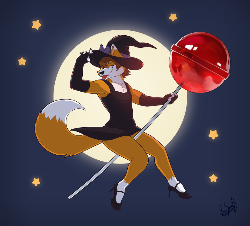 anthro bow_hat candy clothed clothing crossdressing dessert femboy food footwear giant_candy giant_food hat headgear headwear high_heels holidays lollipop male shoes smug_face solo tongue tongue_out witch_hat akaizer halloween luvini absurd_res hi_res