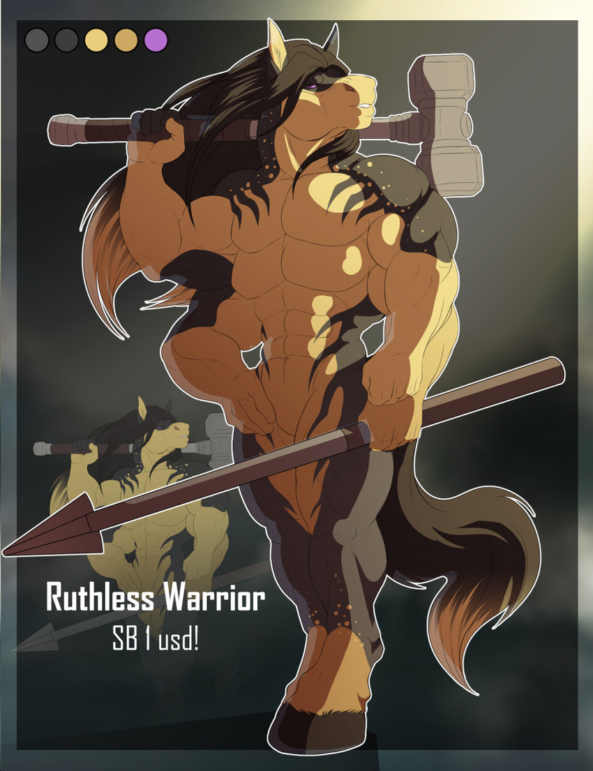 4_arms 4_pecs anthro hammer holding_object holding_weapon hooves male melee_weapon multi_arm multi_limb multi_pecs pecs polearm solo spear standing tools unguligrade weapon valentine_eisenberg equid equine horse mammal hi_res