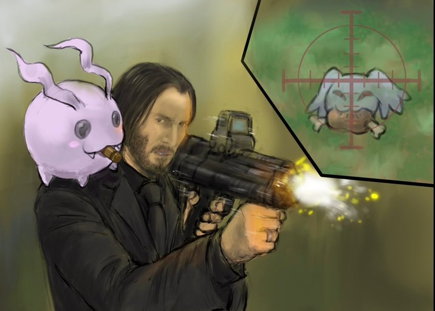 beady_eyes black_hair eating facial_hair feral food group gun hair humor long_hair male meat pink_body ranged_weapon shooting trio weapon mas_square bandai_namco digimon john_wick john_wick_(character) keanu_reeves digimon_(species) human mammal pagumon tokomon