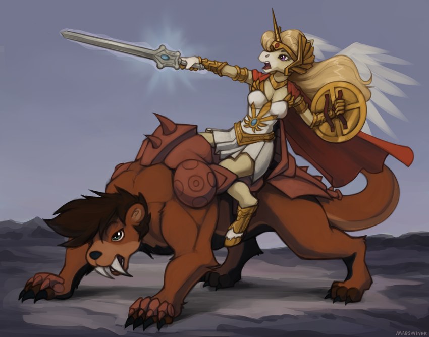 anthro female feral horn male male/female melee_weapon mount riding shield sword warrior weapon marsminer masters_of_the_universe mattel mythology adora_(marsminer) he-man keith_(marsminer) she_ra equid equine horse mammal mustelid mythological_creature mythological_equine otter unicorn hi_res