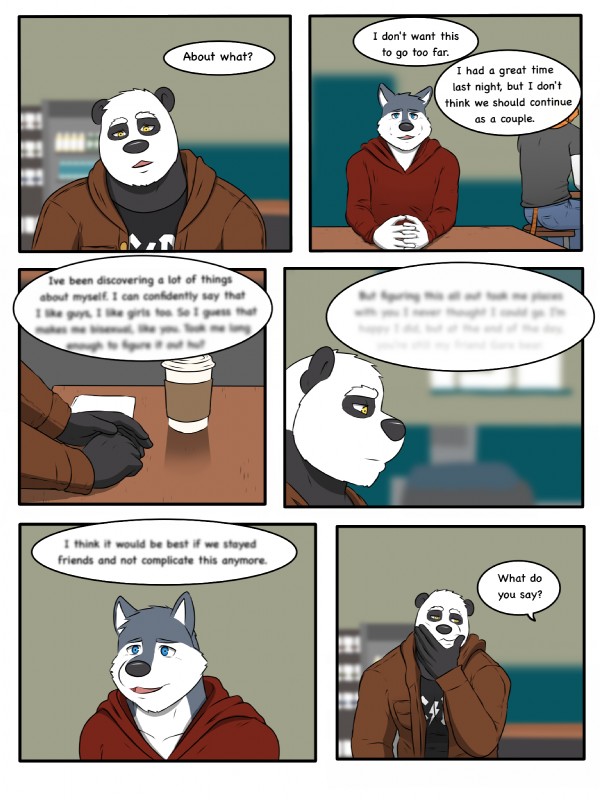 anthro clothing dialogue fur hoodie male text topwear yellow_eyes rain-yatsu seattle_fur garret_(rain-yatsu) rainier_(rain-yatsu) bear canid canine canis domestic_dog giant_panda husky mammal nordic_sled_dog spitz 2017 3:4 comic english_text hi_res