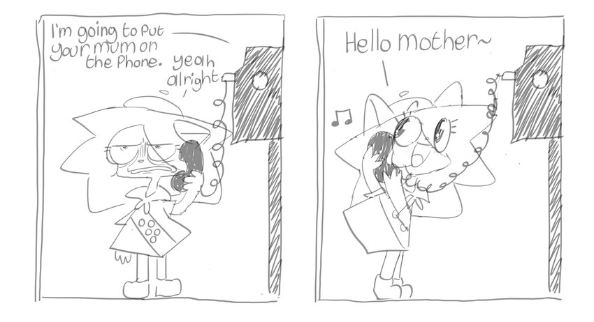 2_panel_comic anthro big_hair biped black_eyes chibi clothing dialogue electronics eyebrows eyelashes female fingers greeting hair hat headgear headwear landline_phone micro_calves musical_note musical_symbol open_mouth open_smile phone pupils scout_uniform simple_background smile solo standing symbol talking_to_another text thin_calves tongue translucent translucent_hair wearing_hat white_pupils white_sclera yarharcannon felid feline mammal 2022 absurd_res comic digital_media_(artwork) english_text hi_res monochrome