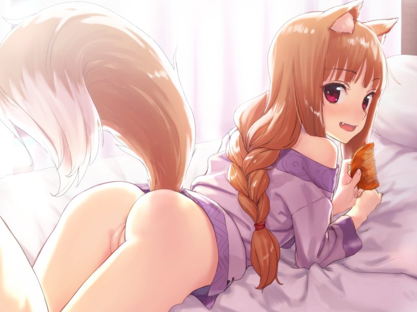 accessory bedding blush bottomless braided_hair brown_hair brush butt clothed clothing comb_(brush) fangs female genitals hair hair_accessory hairbrush holding_brush holding_comb holding_hairbrush holding_object kanzashi kushi_comb looking_at_viewer open_mouth presenting presenting_pussy pussy raised_tail red_eyes side_comb simple_background smile solo tail teeth wolf_tail kawakami_rokkaku third-party_edit spice_and_wolf holo_(spice_and_wolf) animal_humanoid canid canid_humanoid canine canine_humanoid humanoid mammal mammal_humanoid wolf_humanoid censor_removal_edit