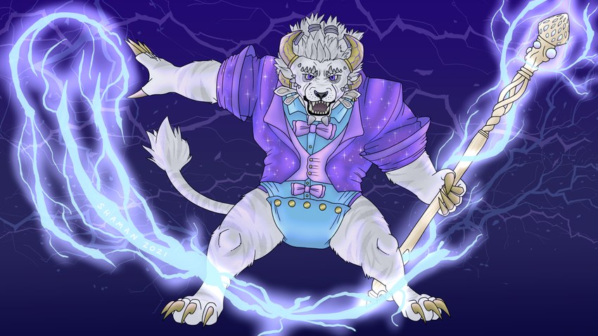 abstract_background anthro blazer blue_onesie bow_tie casting_spell claws clothed clothing diaper diaper_under_clothing diaper_under_onesie digitigrade electricity electricity_manipulation elemental_manipulation finger_claws fully_clothed fur grey_stripes holding_object holding_staff horn jacket lightning lightning_bolt looking_at_viewer magic_user male onesie open_mouth purple_clothing purple_eyes purple_jacket purple_topwear rolled_up_sleeves solo spellcasting staff standing stripes toe_claws topwear wearing_diaper white_body white_fur wide_stance diaperedshaman guild_wars charr felid mammal 16:9 2021 alternate_version_at_source detailed digital_drawing_(artwork) digital_media_(artwork) hi_res shaded signature widescreen nonbinary_(lore)