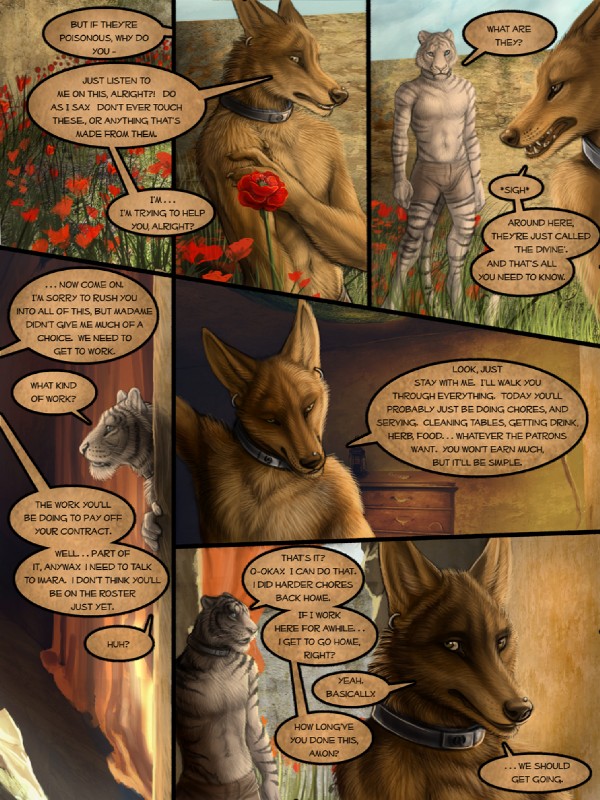 anthro clothed clothing collar dialogue drugs duo ear_piercing flower fur leucistic male metal_collar naive open_mouth piercing plant protective speech_bubble tail text topless rukis red_lantern amon_(rukis) dhaval_(character) canid canine canis felid jackal mammal pantherine tiger 3:4 comic digital_media_(artwork) english_text