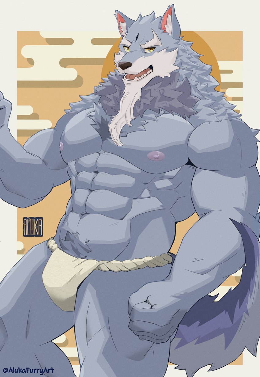 5_fingers abs anthro asian_clothing beard biceps biped black_nose clothed clothing east_asian_clothing eyebrows facial_hair fingers fundoshi fundoshi_only fur grey_body grey_fur grey_pubes grey_tail humanoid_hands inner_ear_fluff japanese_clothing male muscular muscular_anthro muscular_male muscular_thighs nipples open_mouth pecs pubes purple_nipples solo tail thick_eyebrows topless tuft underwear underwear_only white_clothing white_eyebrows white_fundoshi white_underwear yellow_eyes alukafurryart sdorica law_(sdorica) canid canine canis mammal wolf 2023 colored hi_res signature