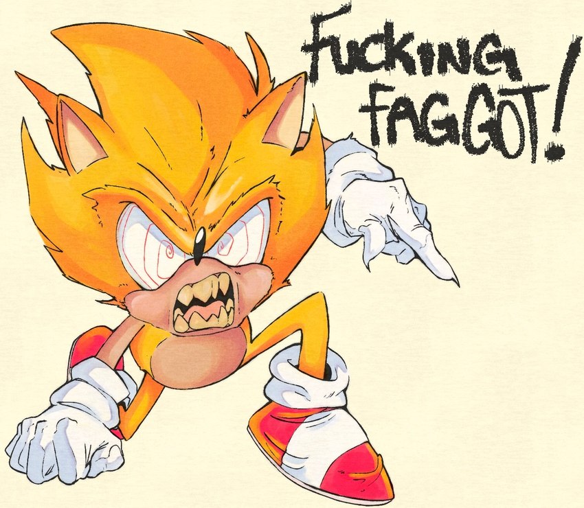 anthro clothing footwear gloves handwear homophobic_slur profanity sharp_teeth shoes slur spiral_eyes teeth text chicowin fleetway_comics sega sonic_the_comic sonic_the_hedgehog_(comics) sonic_the_hedgehog_(series) fleetway_sonic_(character) sonic_the_hedgehog super_sonic eulipotyphlan hedgehog mammal english_text hi_res lol_comments reaction_image