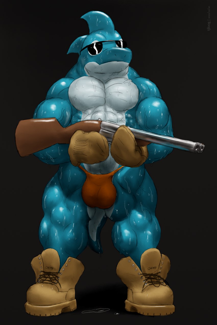 abs anthro biceps blue_body blue_eyes blue_skin bodily_fluids boots boots_only breath_fog bulge clothing flipper_hands footwear footwear_only gloves grin gun handwear leather male mostly_nude muscular orange_clothing orange_thong orange_underwear ranged_weapon shoes shoes_only shotgun smile solo speech_bubble sweat thong underwear weapon tjloog wake alien fish humanoid marine shark 2:3 hi_res