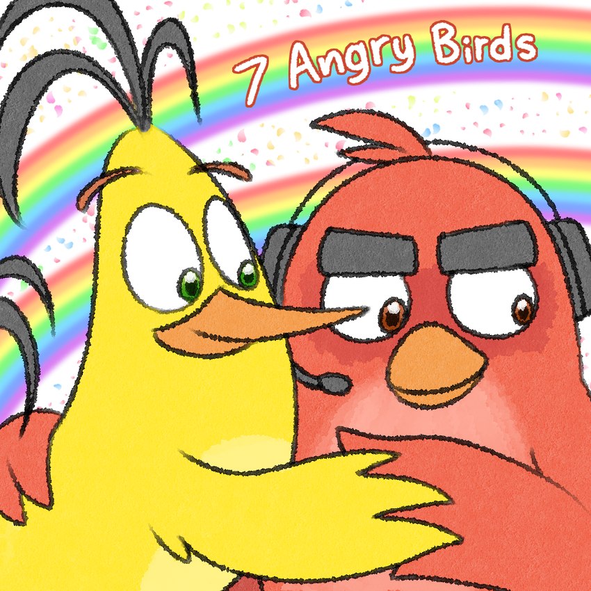 anthro beak detailed_background duo electronics eyebrows feathers green_eyes headphones hug male orange_beak rainbow red_body red_eyes red_feathers text thick_eyebrows yellow_body yellow_feathers nishi_oxnard angry_birds rovio_entertainment sega chuck_(angry_birds) red_(angry_birds) 1:1 english_text