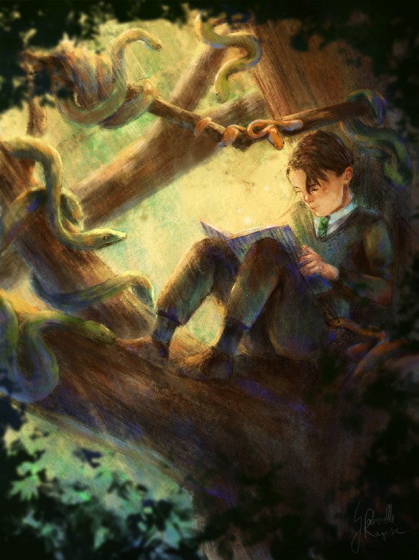 ambiguous_gender biped book bottomwear clothed clothing detailed_background feral footwear fully_clothed group hanging_from_branch hogwarts_uniform holding_book holding_object in_tree legwear light light_beam male necktie outside pants plant reading reading_book school_uniform shoes sitting_on_branch slytherin socks solo_focus sunbeam sunlight topwear tree uniform vest gabrielleragusi harry_potter_(series) tom_riddle human mammal reptile scalie snake digital_media_(artwork) digital_painting_(artwork) hi_res