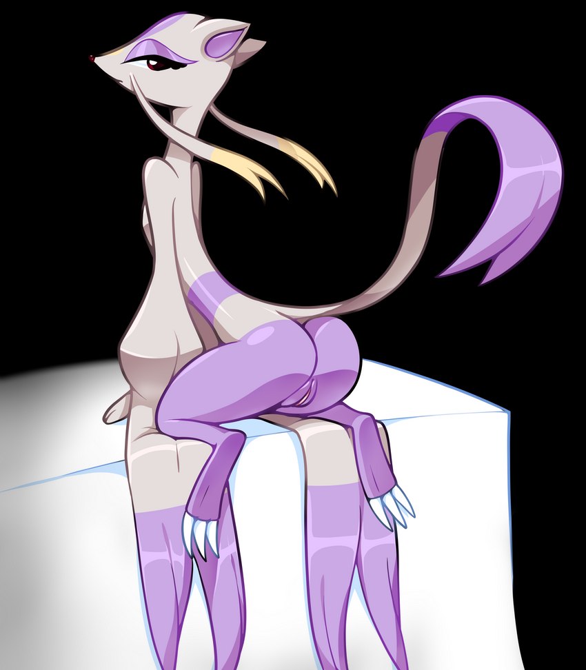 3_fingers 3_toes breasts butt claws eyelashes eyeshadow feet female feral fingers frown fur genitals grey_body grey_fur half-closed_eyes looking_back makeup narrowed_eyes nude purple_body purple_fur pussy raised_tail rear_view red_eyes semi-anthro simple_background solo tail toe_claws toes whiskers thousandarms nintendo pokemon generation_5_pokemon mammal mienshao pokemon_(species) absurd_res alpha_channel digital_media_(artwork) hi_res