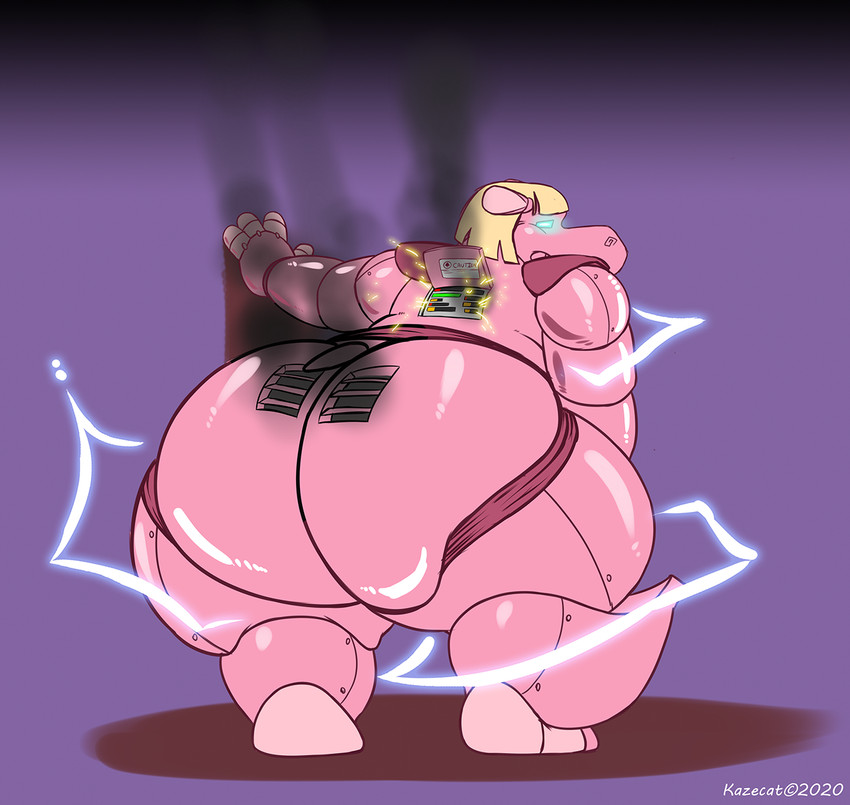 big_butt blonde_hair blue_eyes butt electricity female glowing glowing_eyes hair looking_back machine malfunction overweight overweight_female pink_body purple_background simple_background smoke solo thick_thighs vents wide_hips kazecat roppo_(kazecat) common_hippopotamus hippopotamid mammal robot hi_res