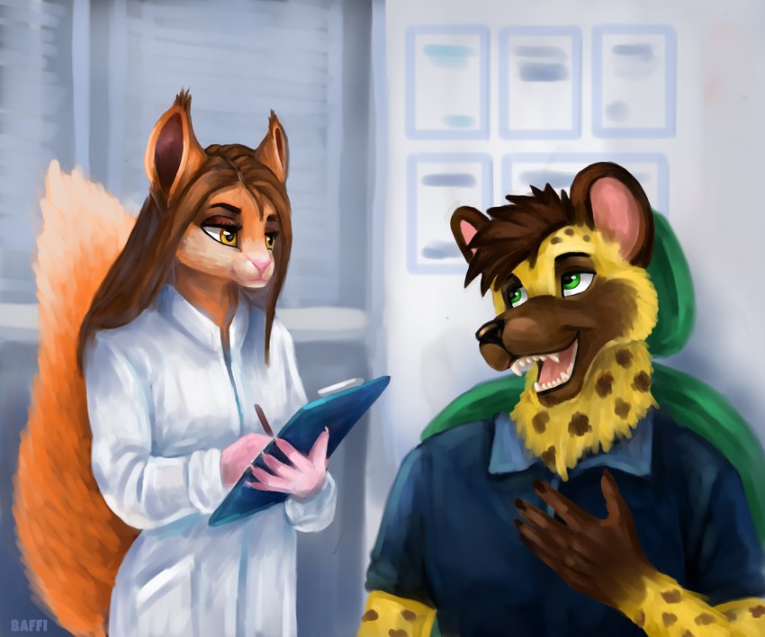 5_fingers anthro biped blue_clothing blue_shirt blue_topwear breasts brown_hair chair clipboard clothing coat detailed_background dual_holding duo female fingers fur furniture green_eyes hair holding_clipboard holding_object holding_pen holding_writing_utensil lab_coat male male/female markings orange_eyes pen pink_nose shirt sitting snout snout_size_difference spots spotted_body spotted_fur topwear writing_utensil lora_mclaren hyena mammal rodent sciurid spotted_hyena tree_squirrel 2021 6:5 absurd_res hi_res