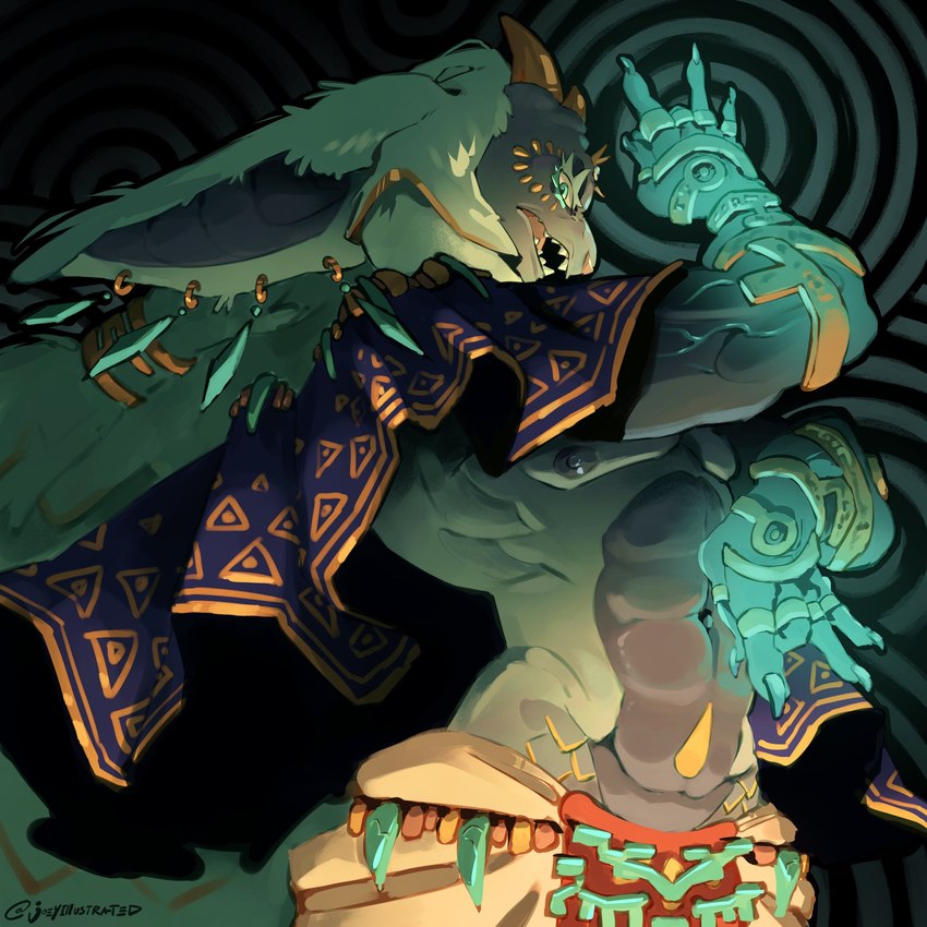abs abstract_background action_pose anthro areola armband big_ears big_muscles black_background bottomwear claws cloak clothed clothing curvy_figure ear_piercing ear_ring eyelashes facial_piercing fur glowing glowing_hands hair horn jojo_pose looking_at_viewer magic_user male muscular muscular_anthro muscular_male navel nipples obliques open_mouth pattern_background pecs piercing pose ring_(jewelry) ring_piercing serratus simple_background solo spiral_background standing teeth topless topless_anthro topless_male triceps tuft vein joeyillustrated nintendo tears_of_the_kingdom the_legend_of_zelda rauru_(tears_of_the_kingdom) mammal zonai 1:1 2025 digital_media_(artwork) half-length_portrait hi_res portrait signature