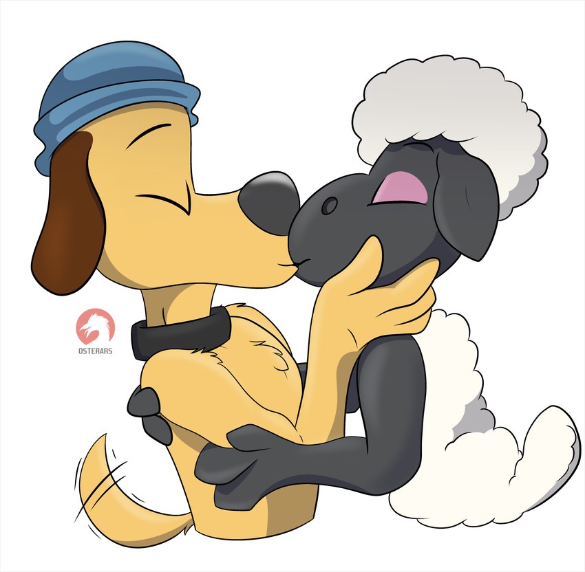 anthro duo eyes_closed kissing male male/male standing wiggle_lines conditional_dnp osterars aardman_animations shaun_the_sheep wallace_and_gromit bitzer_the_sheepdog shaun_the_sheep_(character) bovid canid canine canis caprine domestic_dog mammal sheep 2024 absurd_res hi_res signature watermark