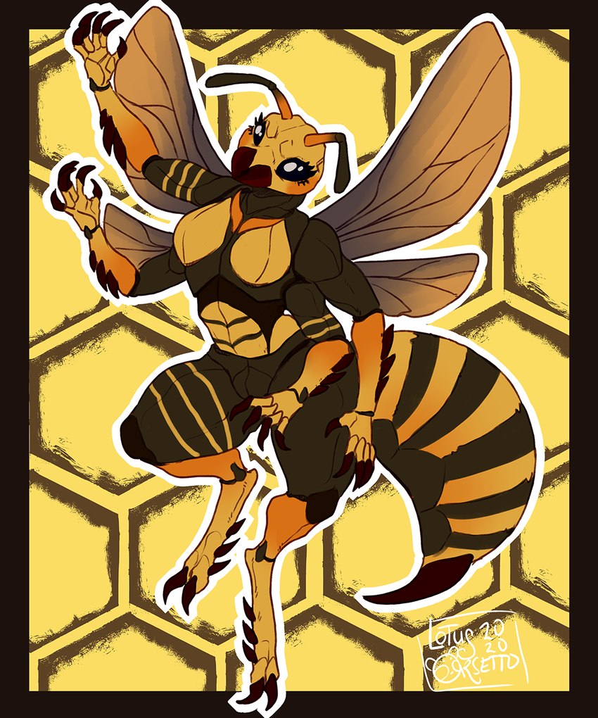 4_arms abs antennae_(anatomy) anthro claws digitigrade female hexagon mandibles multi_arm multi_limb muscular muscular_anthro muscular_female simple_background solo stinger thick_thighs wings yellow_background lotusaur arthropod asian_giant_hornet hymenopteran insect wasp hi_res